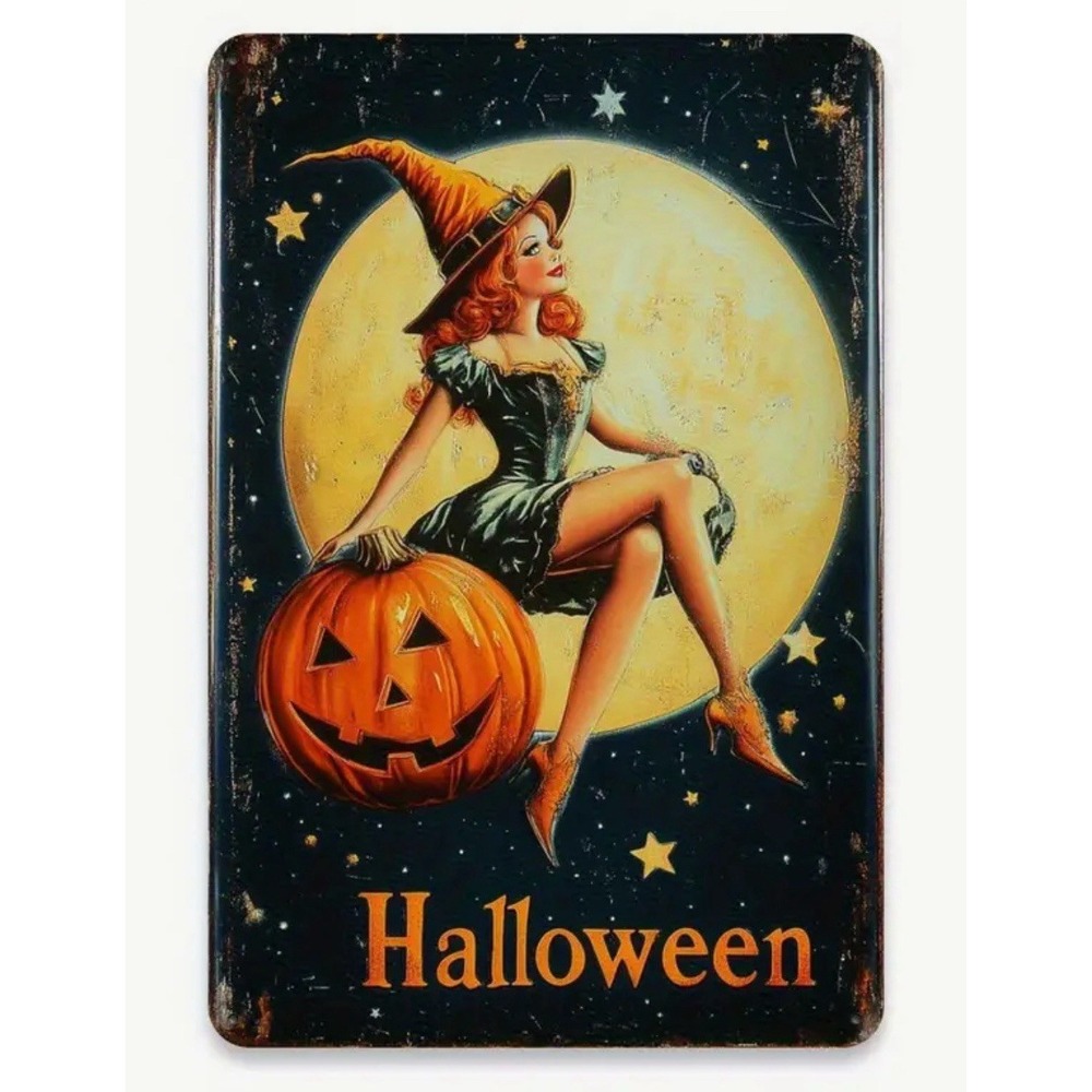 New‎ Halloween Tin Metal Sign Plaque 8x12 Decoration Plate Witch Moon Wicca